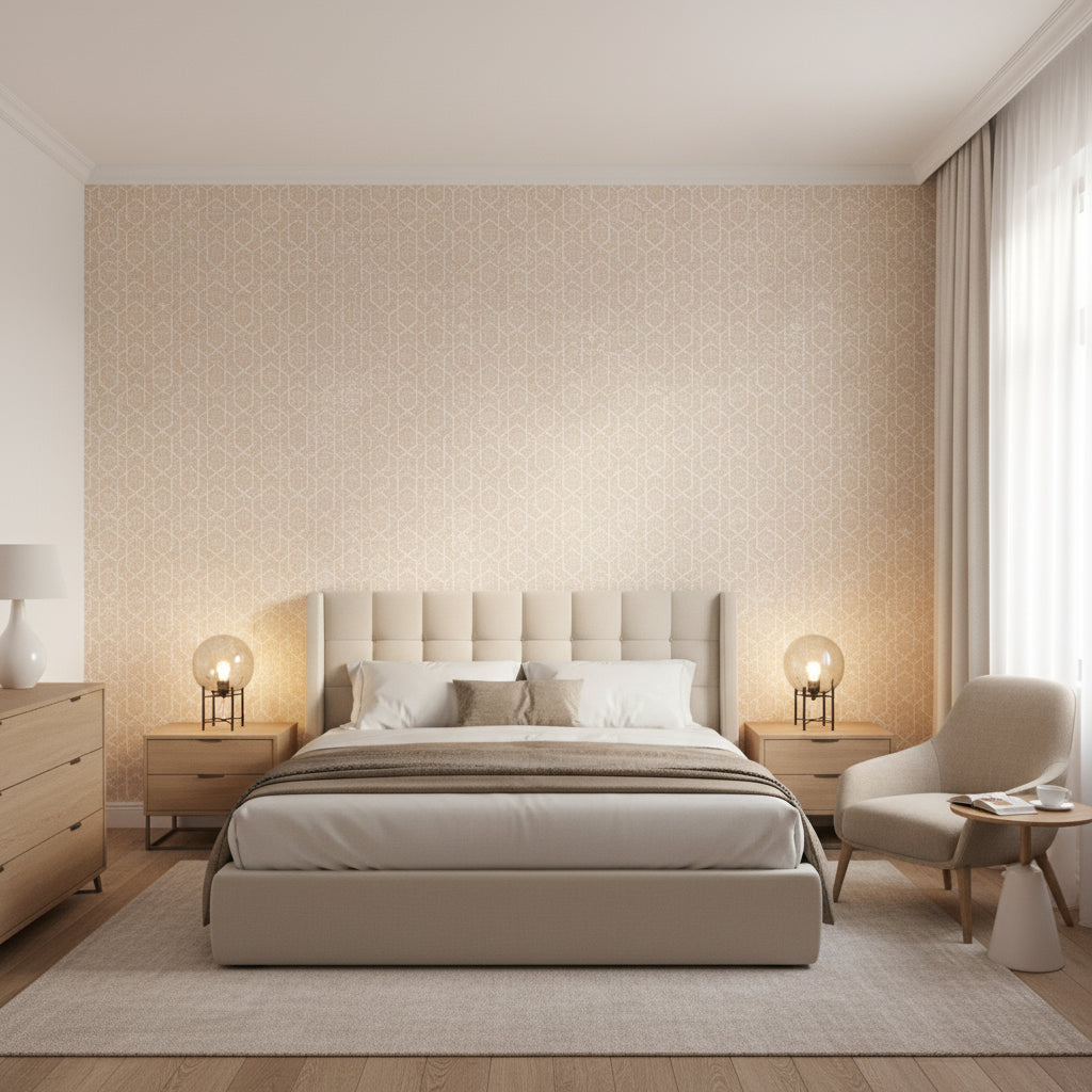 Twilight Blush | Thibaut Wallcoverings - Bedroom Visualization (AI-generated, may not be to scale. Verify pattern scale with product specifications.)