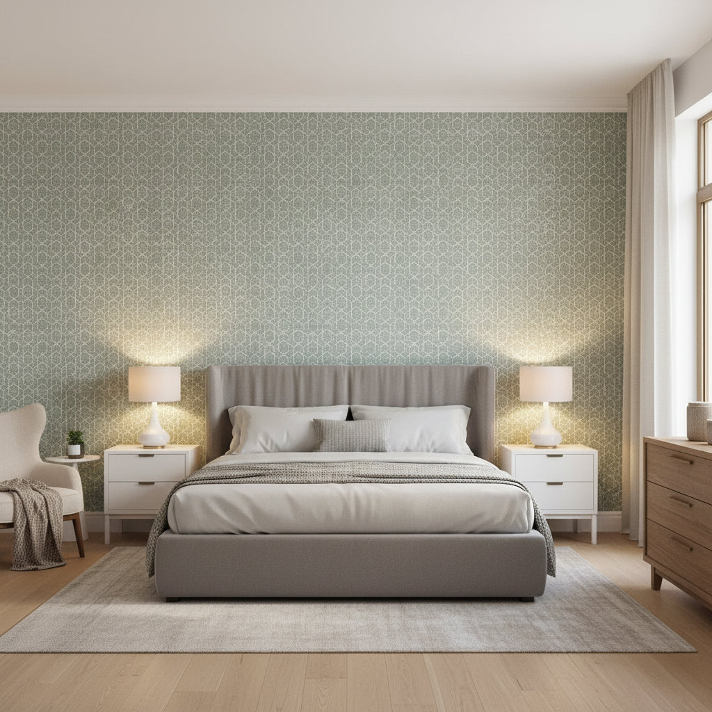 Twilight Teal | Thibaut Wallcoverings - Bedroom Visualization (AI-generated, may not be to scale. Verify pattern scale with product specifications.)