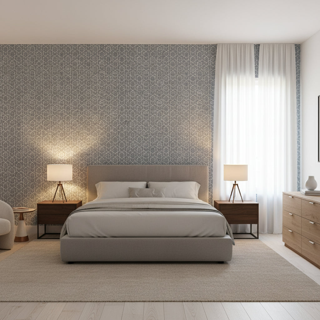 Twilight Navy | Thibaut Wallcoverings - Bedroom Visualization (AI-generated, may not be to scale. Verify pattern scale with product specifications.)