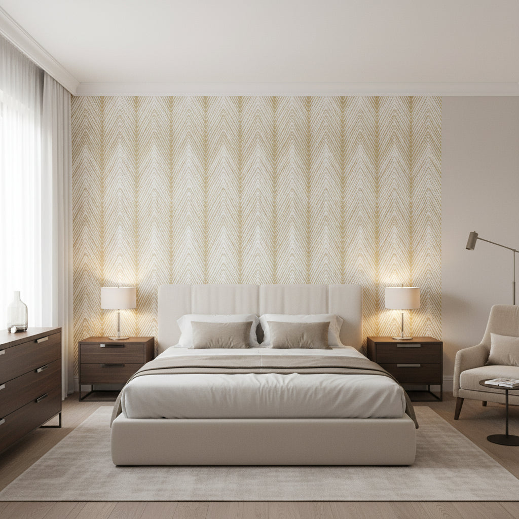 Viva Metallic Gold | Thibaut Wallcoverings - Bedroom Visualization (AI-generated, may not be to scale. Verify pattern scale with product specifications.)