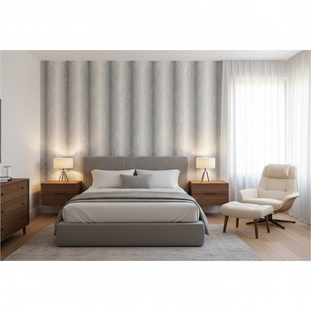 Viva Black and White | Thibaut Wallcoverings - Bedroom Visualization (AI-generated, may not be to scale. Verify pattern scale with product specifications.)