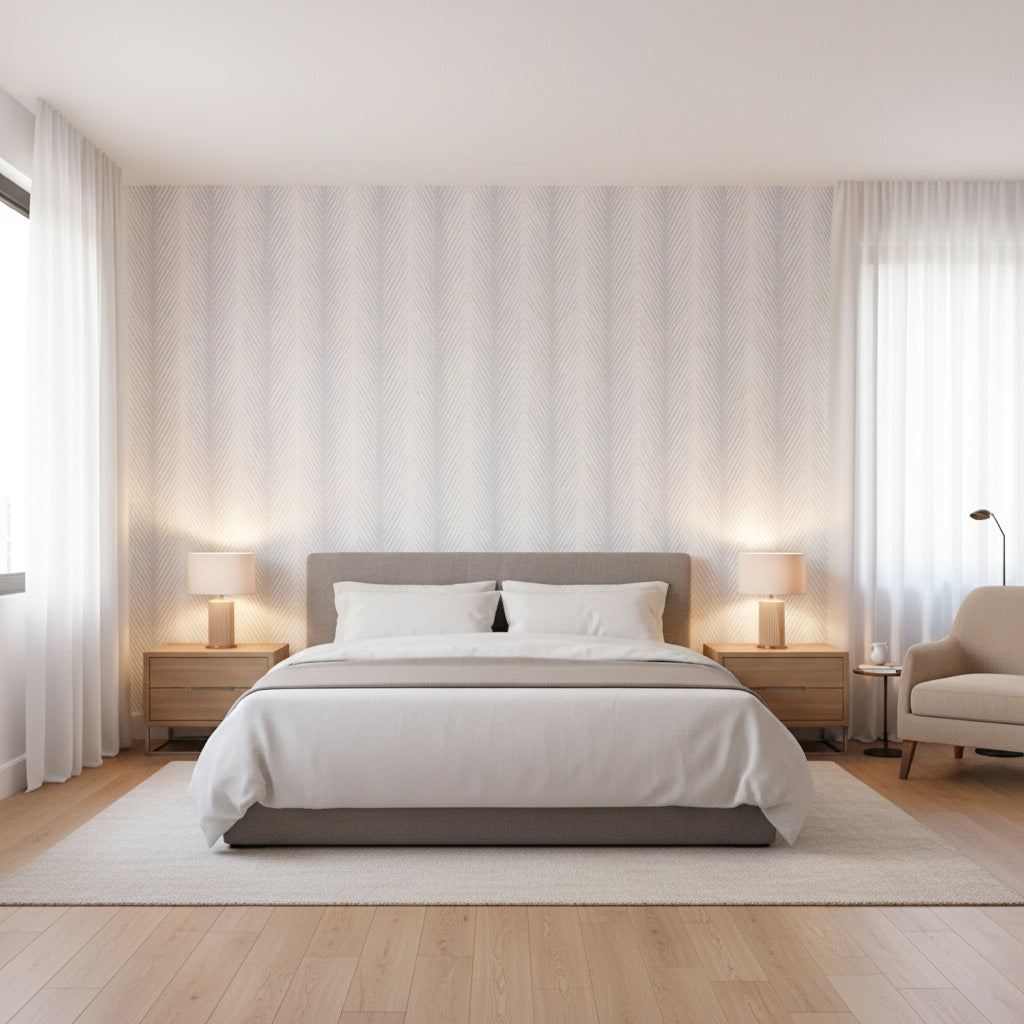 Viva Metallic Silver | Thibaut Wallcoverings - Bedroom Visualization (AI-generated, may not be to scale. Verify pattern scale with product specifications.)