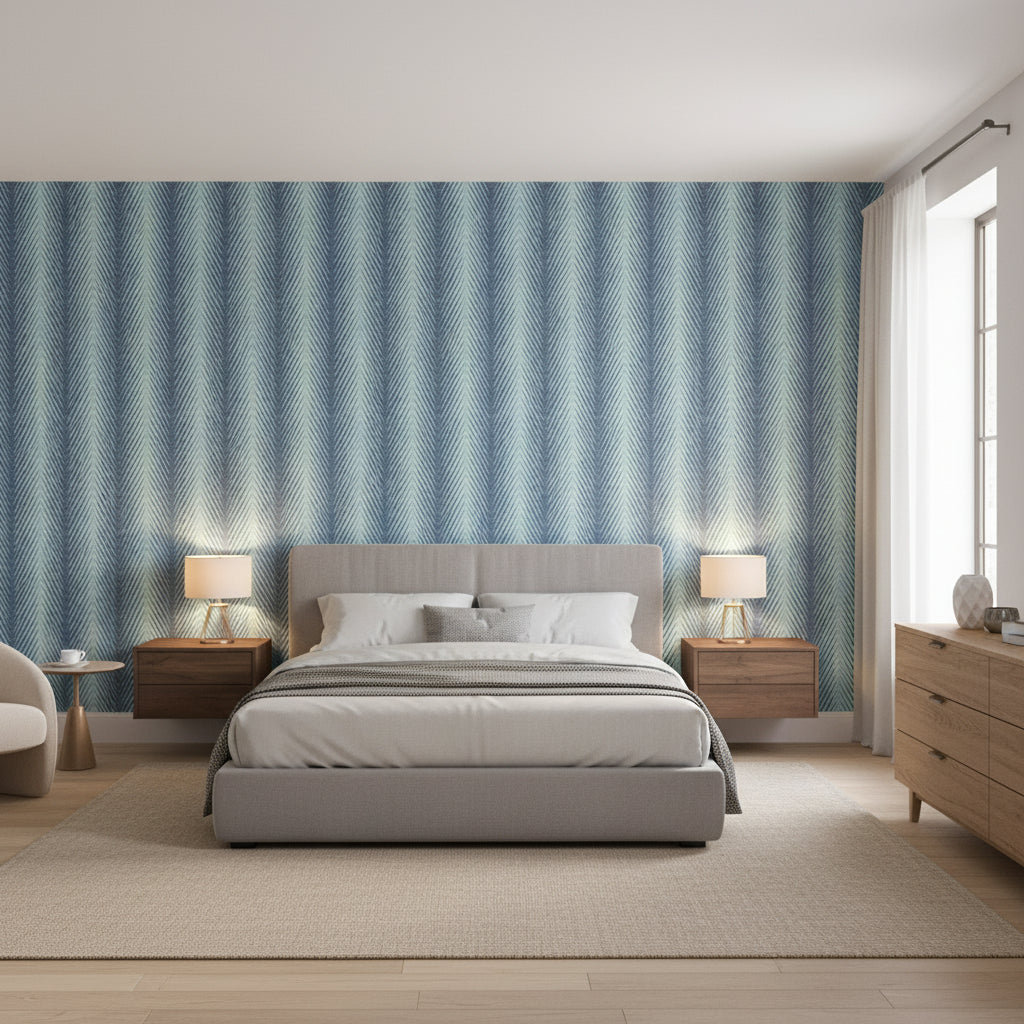 Viva Navy and Aqua | Thibaut Wallcoverings - Bedroom Visualization (AI-generated, may not be to scale. Verify pattern scale with product specifications.)