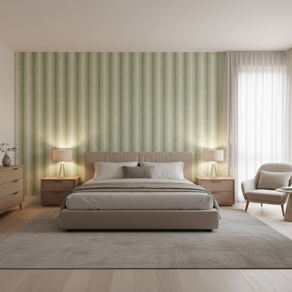Viva Green | Thibaut Wallcoverings - Bedroom Visualization (AI-generated, may not be to scale. Verify pattern scale with product specifications.)