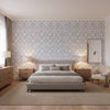 Fretwork Navy | Thibaut Wallcoverings - Bedroom Visualization (AI-generated, may not be to scale. Verify pattern scale with product specifications.)