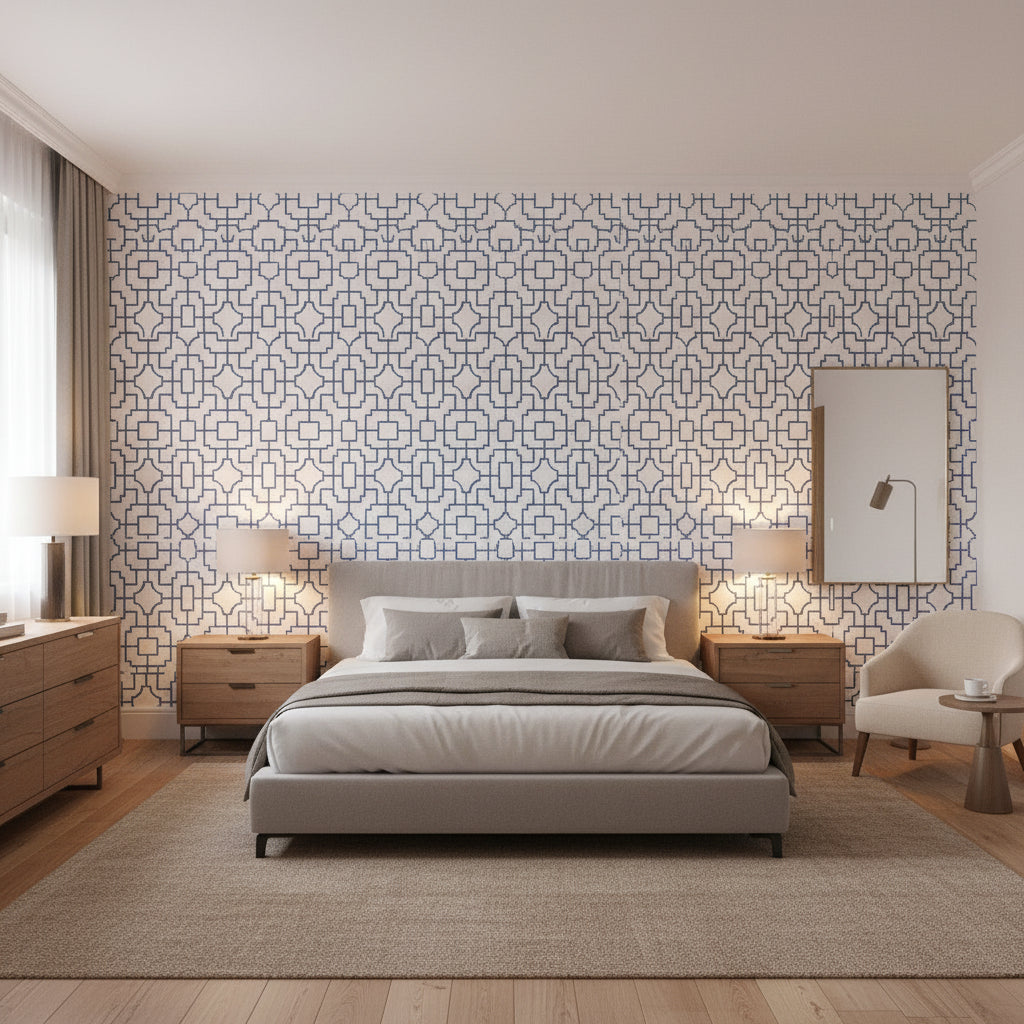 Fretwork Navy | Thibaut Wallcoverings - Bedroom Visualization (AI-generated, may not be to scale. Verify pattern scale with product specifications.)