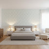 Fretwork Spa Blue | Thibaut Wallcoverings - Bedroom Visualization (AI-generated, may not be to scale. Verify pattern scale with product specifications.)