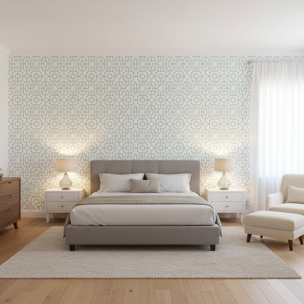Fretwork Spa Blue | Thibaut Wallcoverings - Bedroom Visualization (AI-generated, may not be to scale. Verify pattern scale with product specifications.)