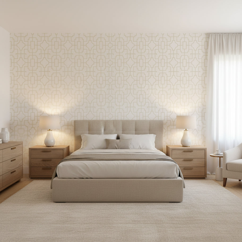 Fretwork Beige | Thibaut Wallcoverings - Bedroom Visualization (AI-generated, may not be to scale. Verify pattern scale with product specifications.)