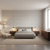 Fretwork Black | Thibaut Wallcoverings - Bedroom Visualization (AI-generated, may not be to scale. Verify pattern scale with product specifications.)