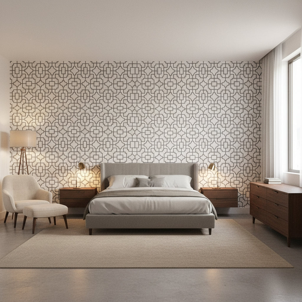 Fretwork Black | Thibaut Wallcoverings - Bedroom Visualization (AI-generated, may not be to scale. Verify pattern scale with product specifications.)