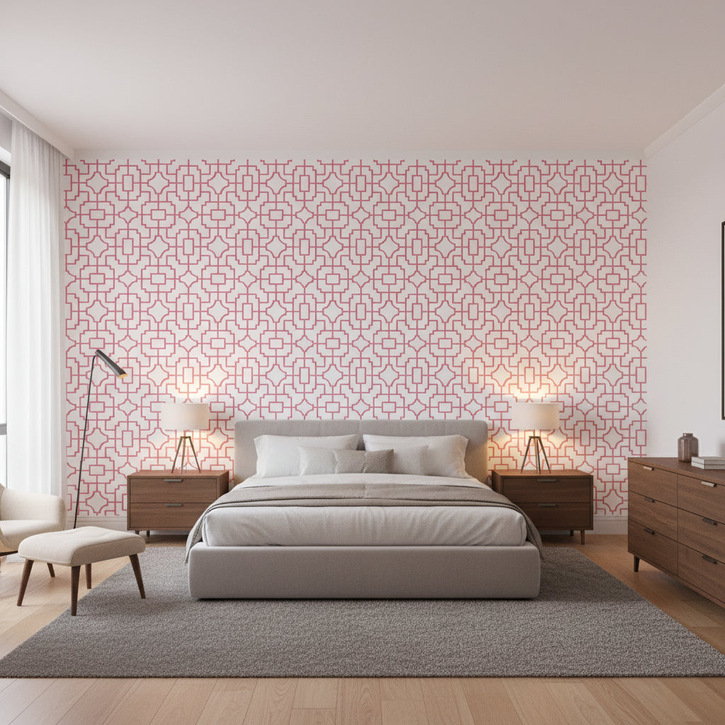 Fretwork Pink | Thibaut Wallcoverings - Bedroom Visualization (AI-generated, may not be to scale. Verify pattern scale with product specifications.)