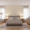 Fretwork Yellow | Thibaut Wallcoverings - Bedroom Visualization (AI-generated, may not be to scale. Verify pattern scale with product specifications.)