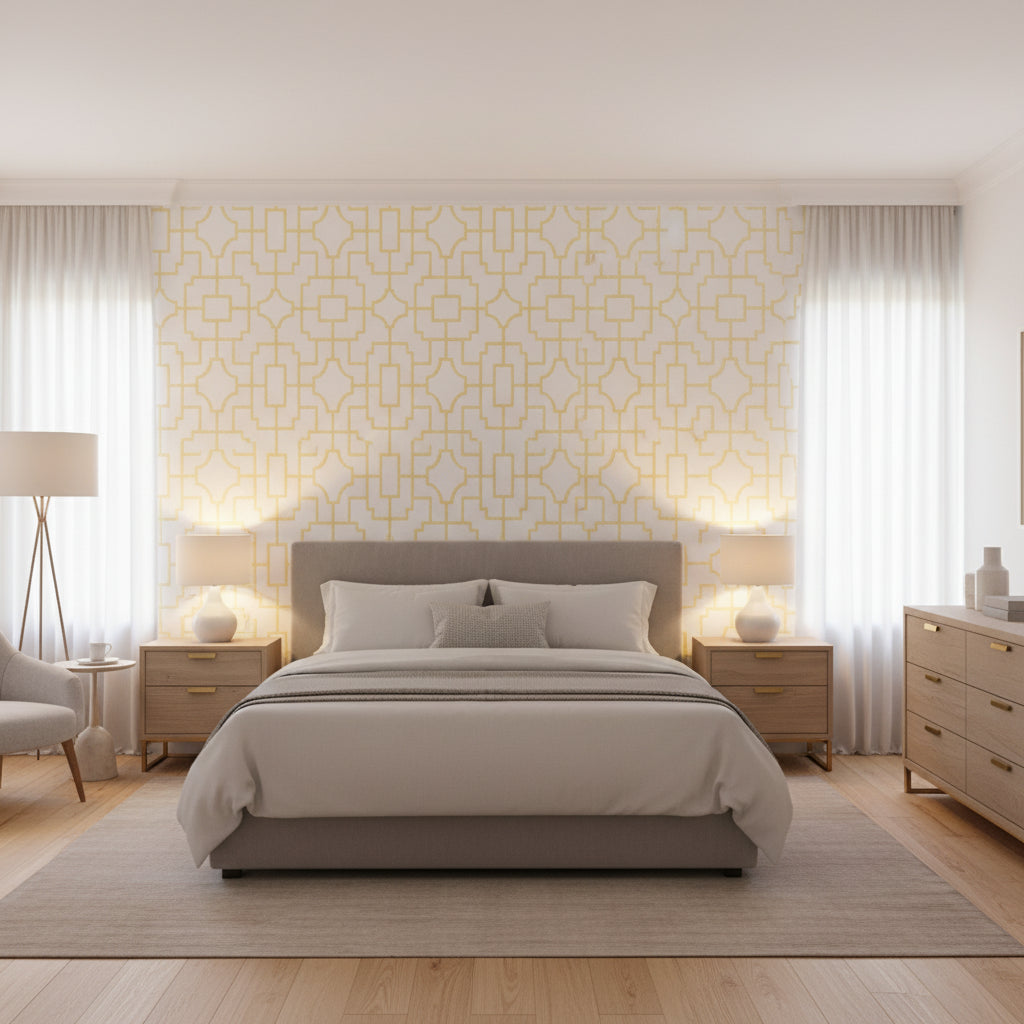 Fretwork Yellow | Thibaut Wallcoverings - Bedroom Visualization (AI-generated, may not be to scale. Verify pattern scale with product specifications.)