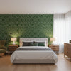 Fretwork Emerald | Thibaut Wallcoverings - Bedroom Visualization (AI-generated, may not be to scale. Verify pattern scale with product specifications.)