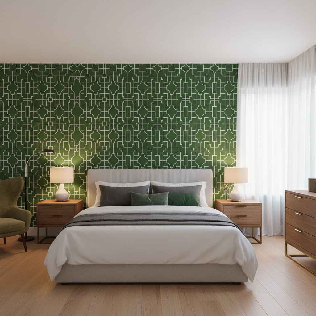Fretwork Emerald | Thibaut Wallcoverings - Bedroom Visualization (AI-generated, may not be to scale. Verify pattern scale with product specifications.)