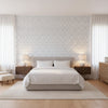 Fretwork Light Blue | Thibaut Wallcoverings - Bedroom Visualization (AI-generated, may not be to scale. Verify pattern scale with product specifications.)