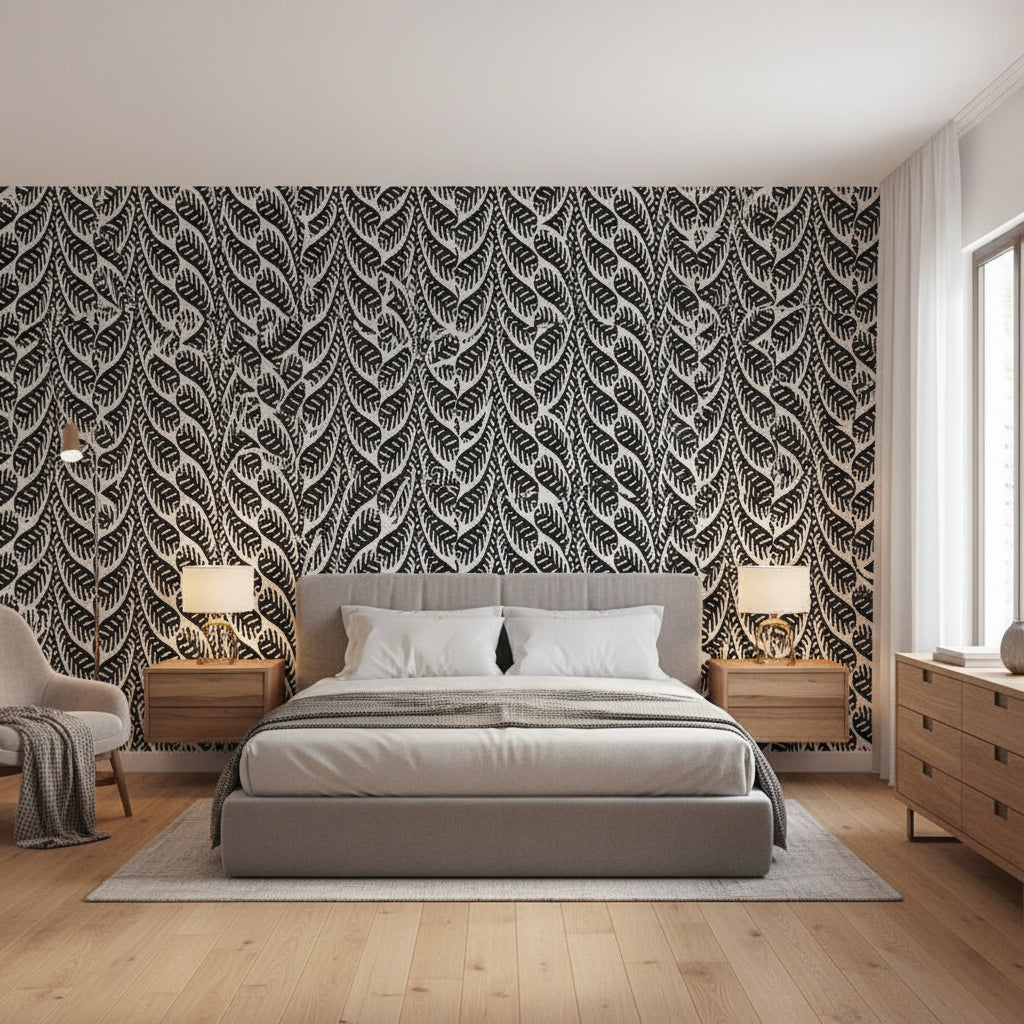 Ginger Black | Thibaut Wallcoverings - Bedroom Visualization (AI-generated, may not be to scale. Verify pattern scale with product specifications.)