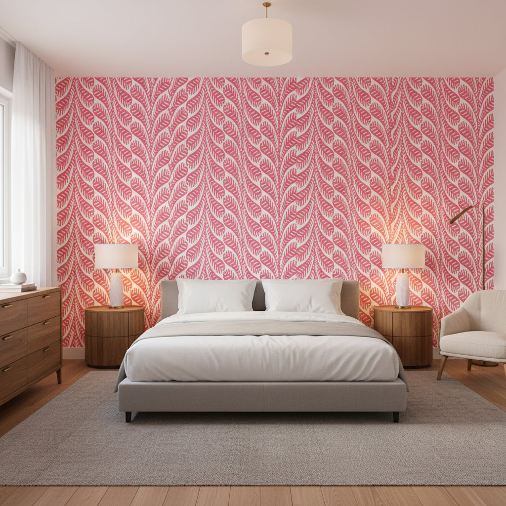 Ginger Pink | Thibaut Wallcoverings - Bedroom Visualization (AI-generated, may not be to scale. Verify pattern scale with product specifications.)