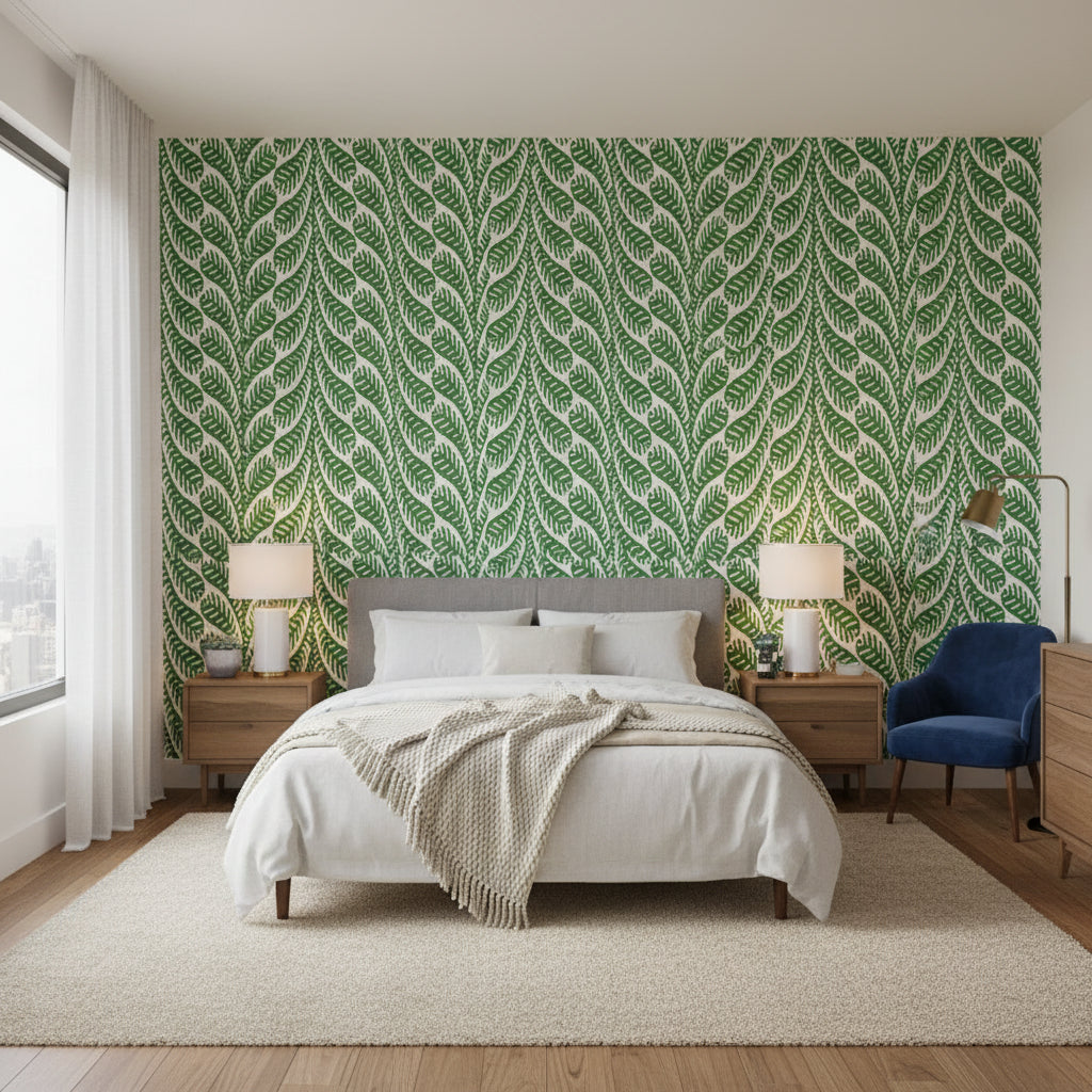 Ginger Emerald | Thibaut Wallcoverings - Bedroom Visualization (AI-generated, may not be to scale. Verify pattern scale with product specifications.)
