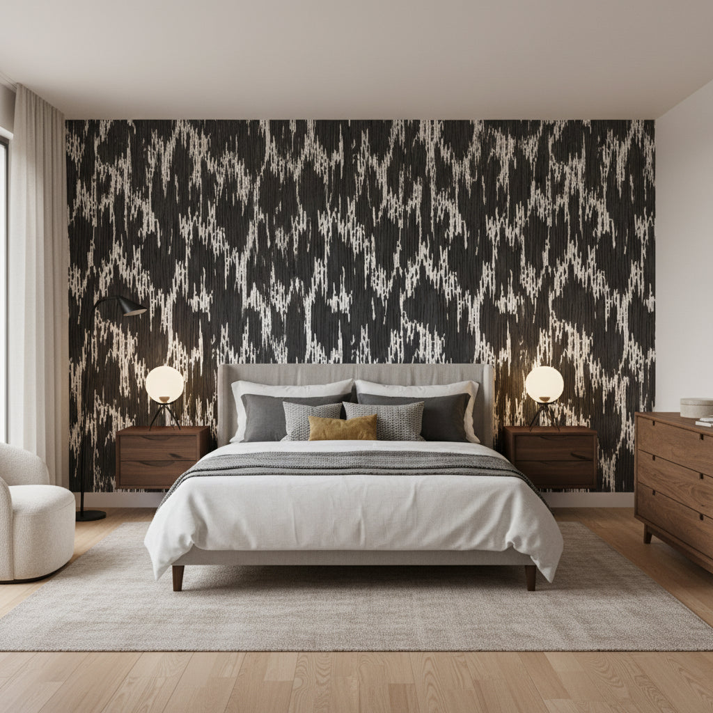 Maverick Black | Thibaut Wallcoverings - Bedroom Visualization (AI-generated, may not be to scale. Verify pattern scale with product specifications.)