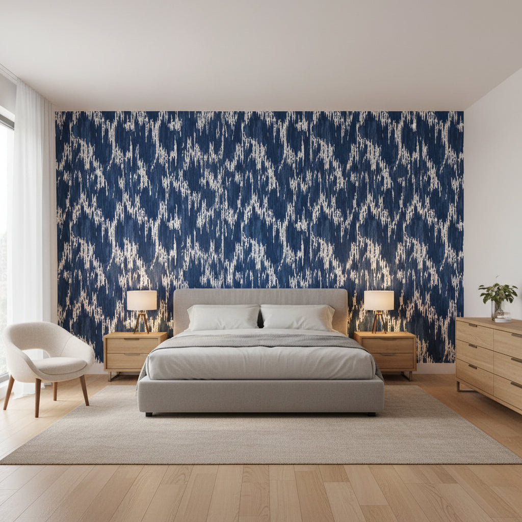 Maverick Navy | Thibaut Wallcoverings - Bedroom Visualization (AI-generated, may not be to scale. Verify pattern scale with product specifications.)