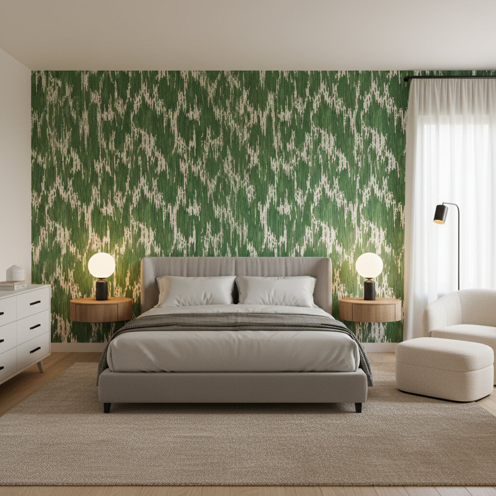 Maverick Emerald | Thibaut Wallcoverings - Bedroom Visualization (AI-generated, may not be to scale. Verify pattern scale with product specifications.)
