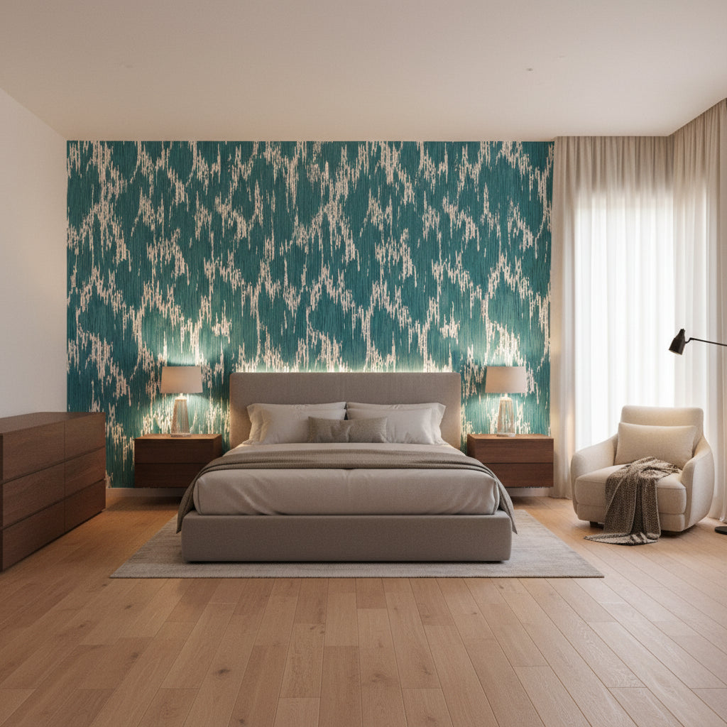 Maverick Teal | Thibaut Wallcoverings - Bedroom Visualization (AI-generated, may not be to scale. Verify pattern scale with product specifications.)