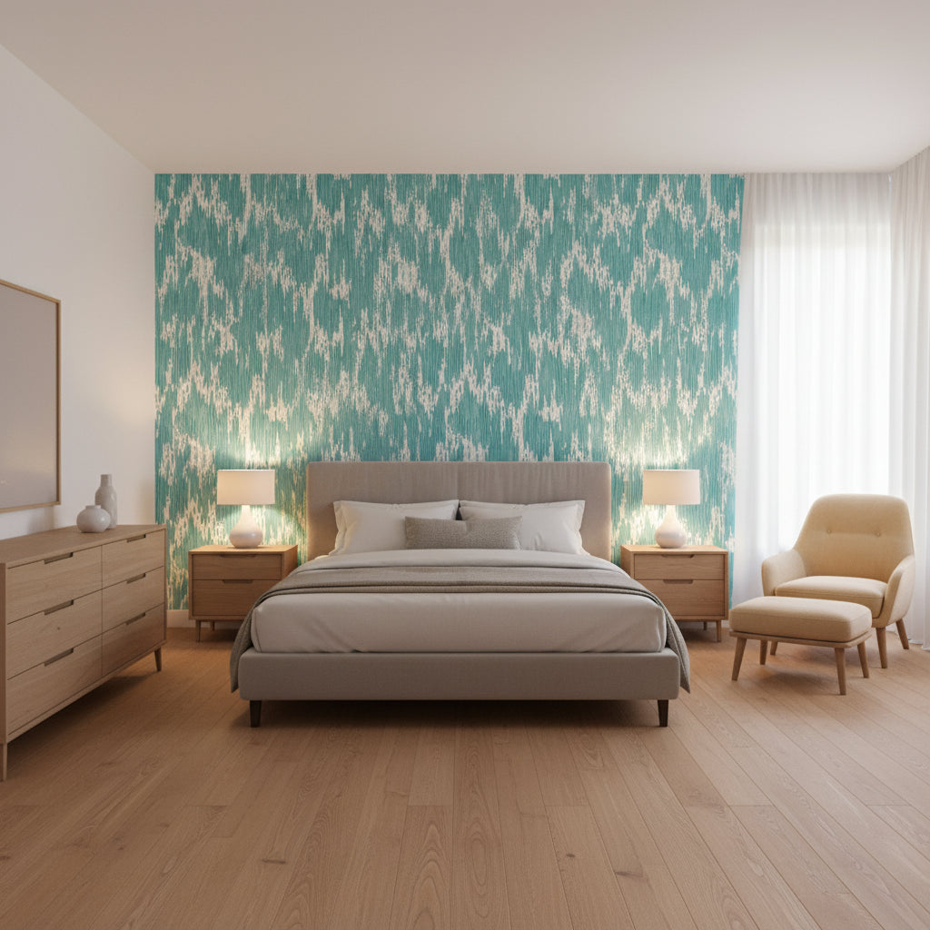 Maverick Spa Blue | Thibaut Wallcoverings - Bedroom Visualization (AI-generated, may not be to scale. Verify pattern scale with product specifications.)