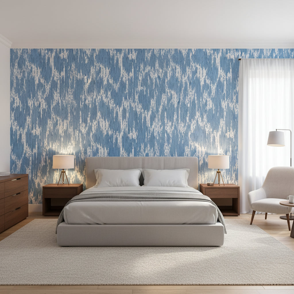 Maverick Blue | Thibaut Wallcoverings - Bedroom Visualization (AI-generated, may not be to scale. Verify pattern scale with product specifications.)