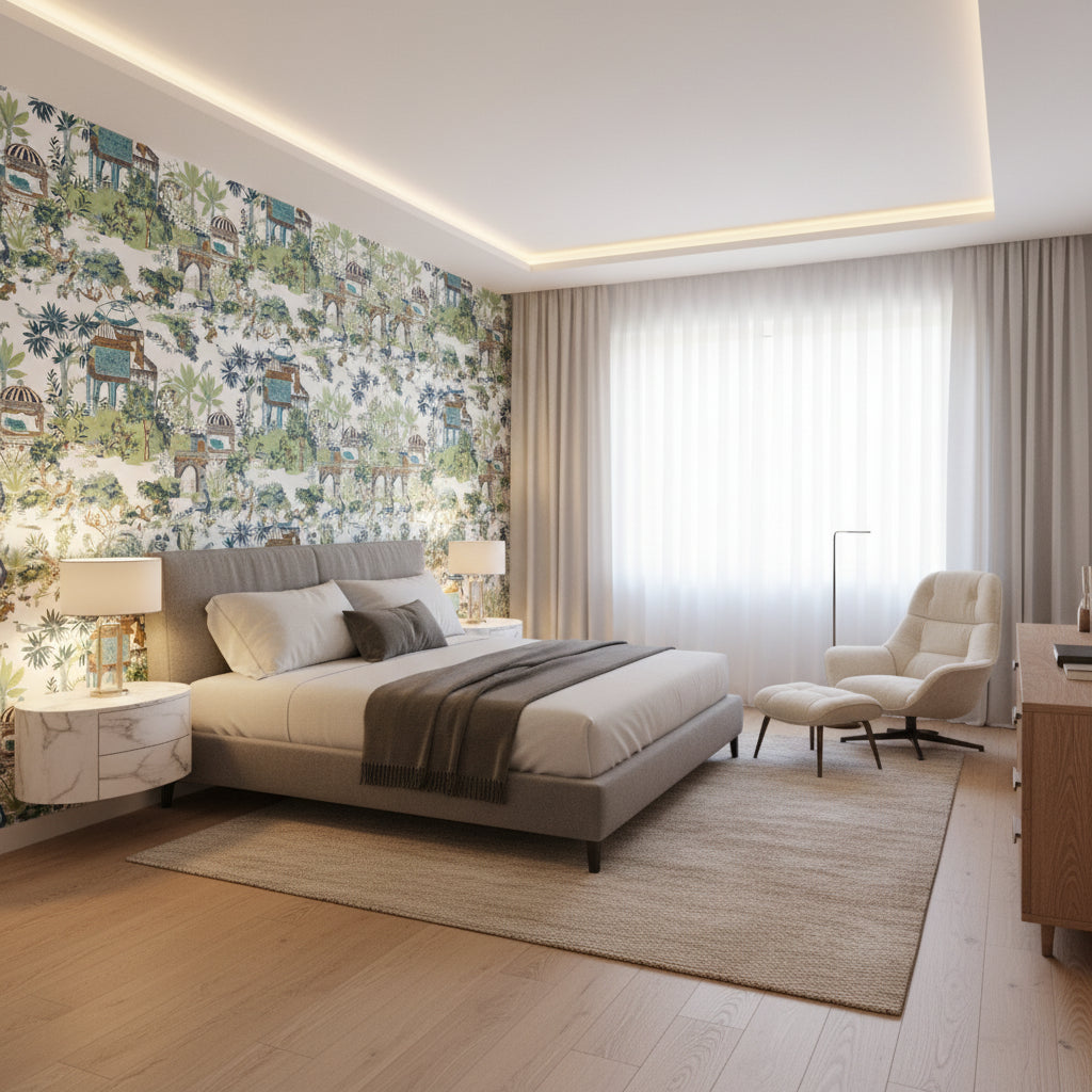 Mystic Garden Blue and Green | Thibaut Wallcoverings - Bedroom Visualization (AI-generated, may not be to scale. Verify pattern scale with product specifications.)