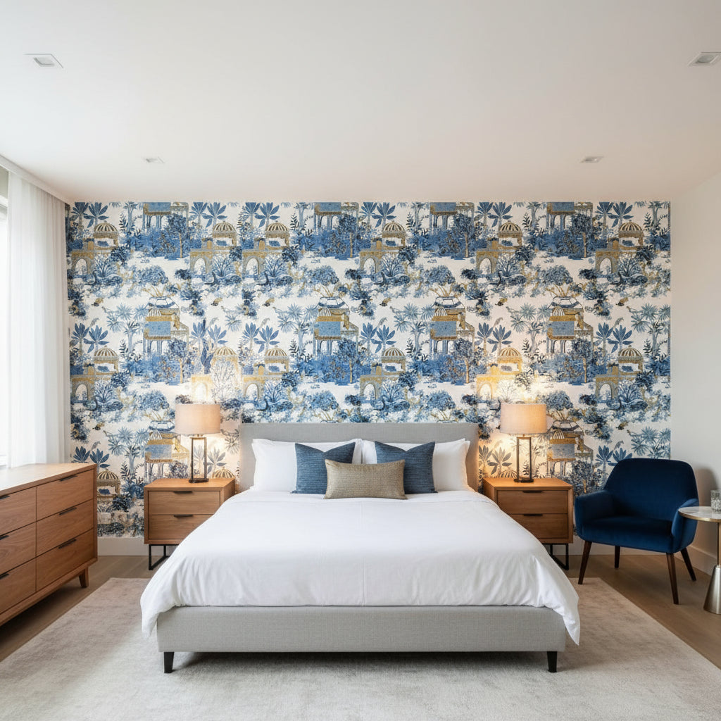 Mystic Garden Blue and White | Thibaut Wallcoverings - Bedroom Visualization (AI-generated, may not be to scale. Verify pattern scale with product specifications.)