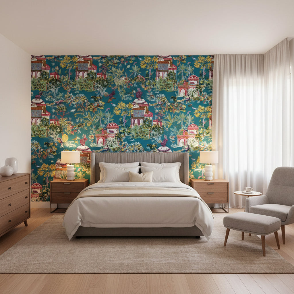 Mystic Garden Teal | Thibaut Wallcoverings - Bedroom Visualization (AI-generated, may not be to scale. Verify pattern scale with product specifications.)