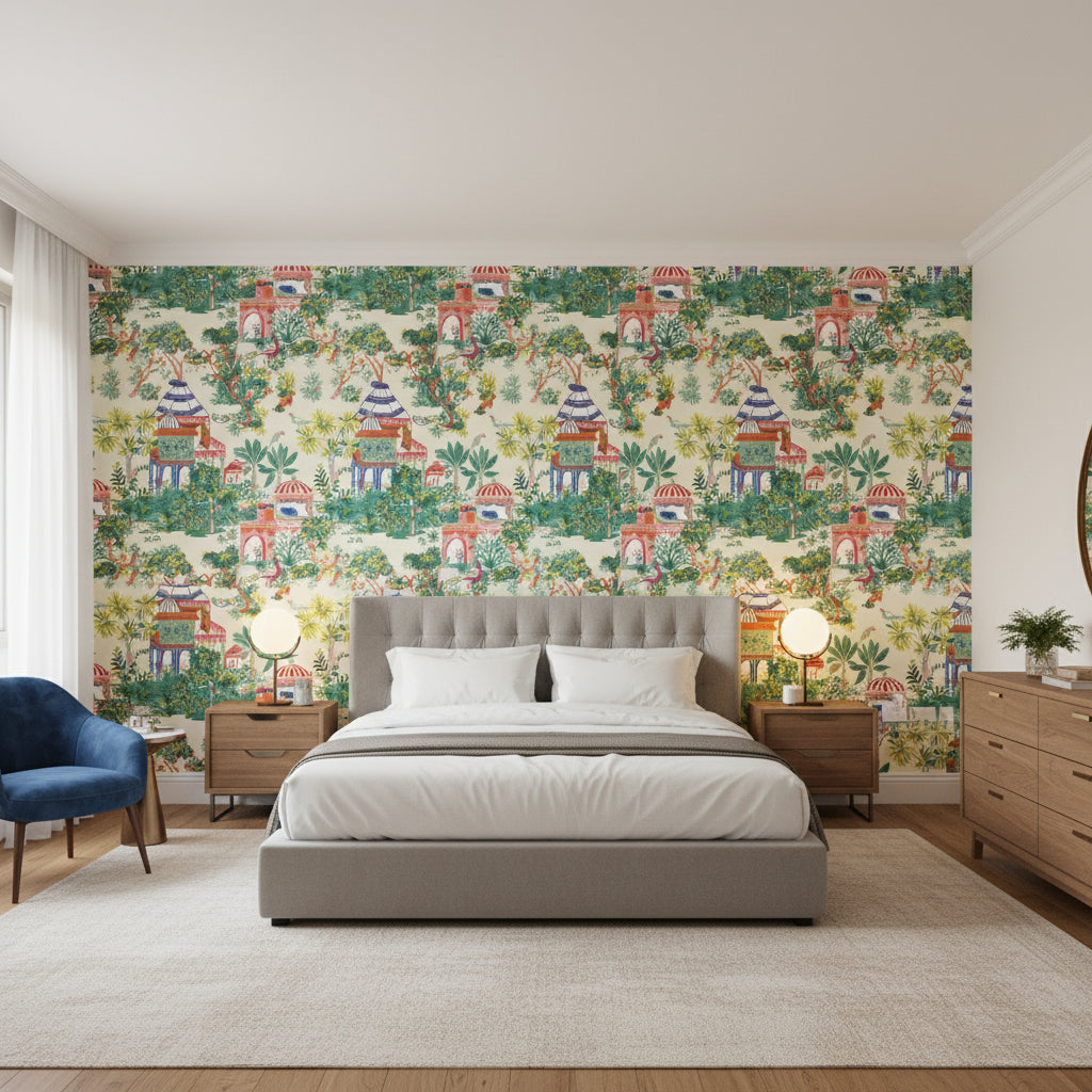 Mystic Garden Cream | Thibaut Wallcoverings - Bedroom Visualization (AI-generated, may not be to scale. Verify pattern scale with product specifications.)