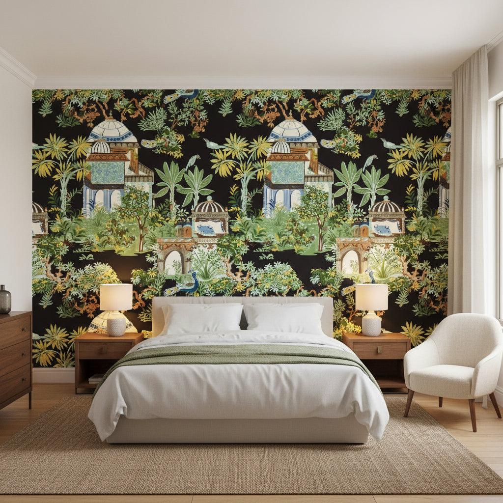 Mystic Garden Black | Thibaut Wallcoverings - Bedroom Visualization (AI-generated, may not be to scale. Verify pattern scale with product specifications.)