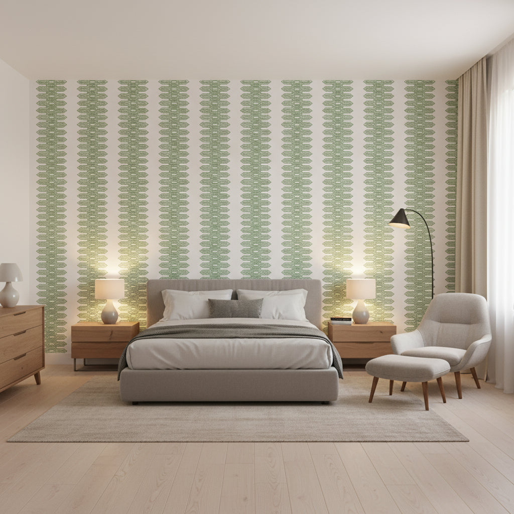 Nola Stripe Green | Thibaut Wallcoverings - Bedroom Visualization (AI-generated, may not be to scale. Verify pattern scale with product specifications.)