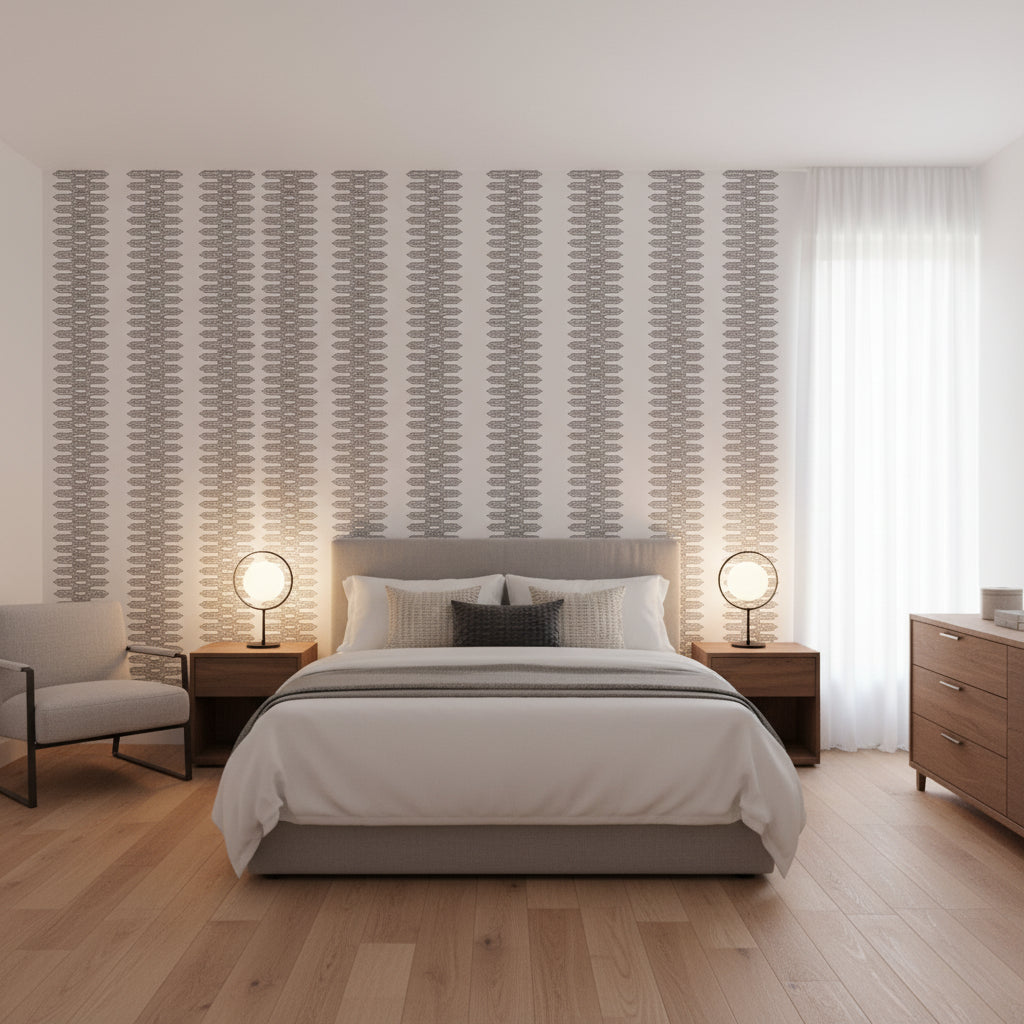 Nola Stripe Black | Thibaut Wallcoverings - Bedroom Visualization (AI-generated, may not be to scale. Verify pattern scale with product specifications.)