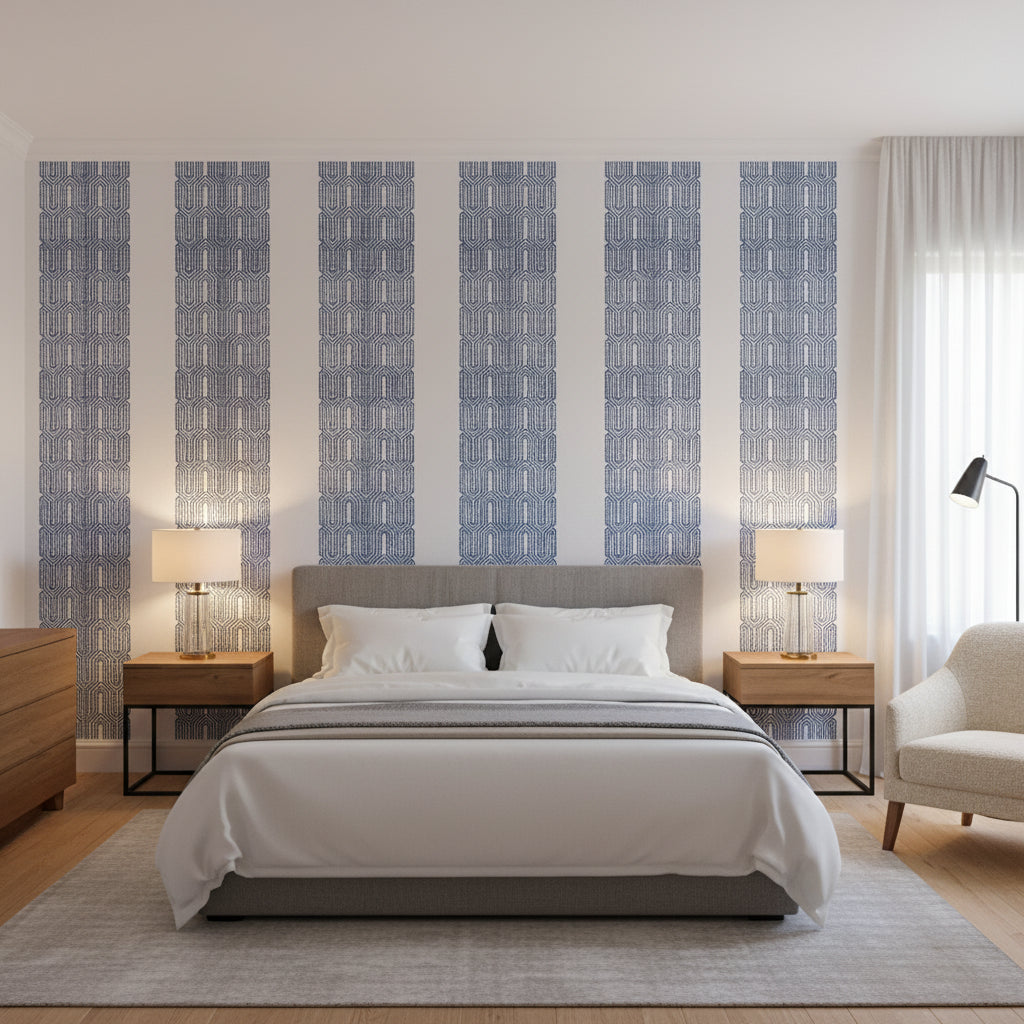 Nola Stripe Navy | Thibaut Wallcoverings - Bedroom Visualization (AI-generated, may not be to scale. Verify pattern scale with product specifications.)