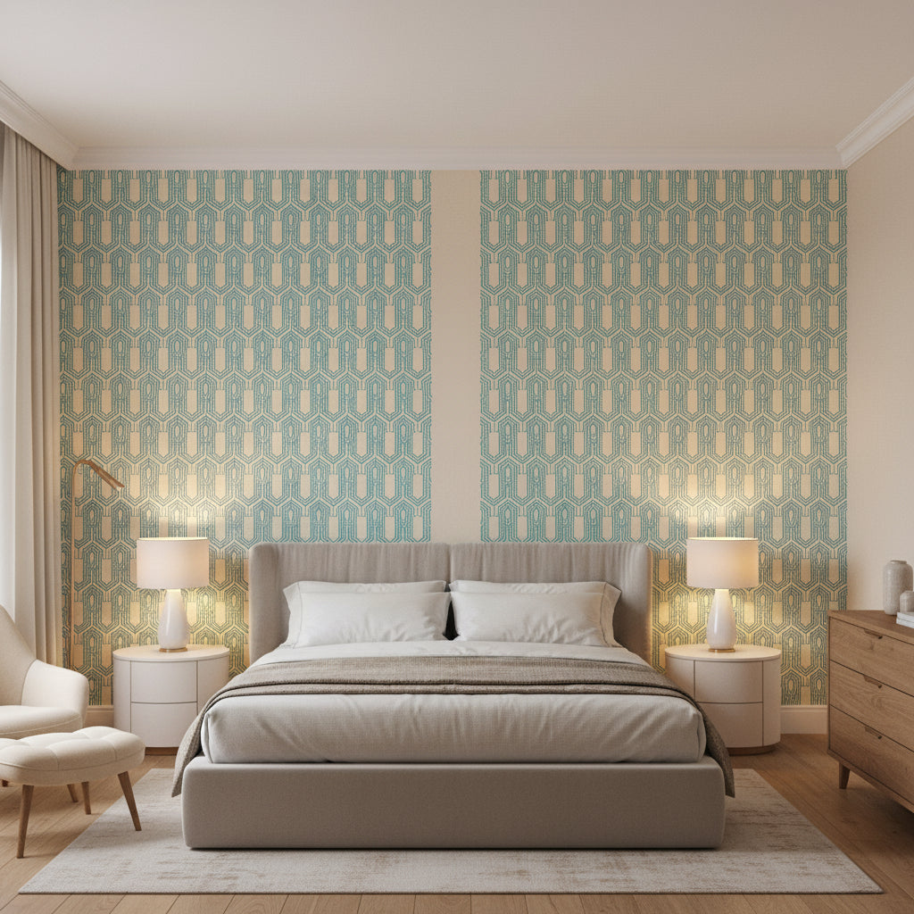 Nola Stripe Aqua | Thibaut Wallcoverings - Bedroom Visualization (AI-generated, may not be to scale. Verify pattern scale with product specifications.)