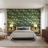 Pasadena Emerald | Thibaut Wallcoverings - Bedroom Visualization (AI-generated, may not be to scale. Verify pattern scale with product specifications.)