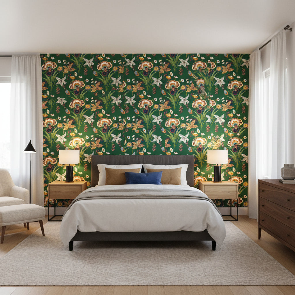 Pasadena Emerald | Thibaut Wallcoverings - Bedroom Visualization (AI-generated, may not be to scale. Verify pattern scale with product specifications.)