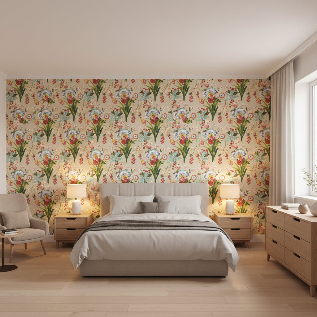 Pasadena Cream | Thibaut Wallcoverings - Bedroom Visualization (AI-generated, may not be to scale. Verify pattern scale with product specifications.)