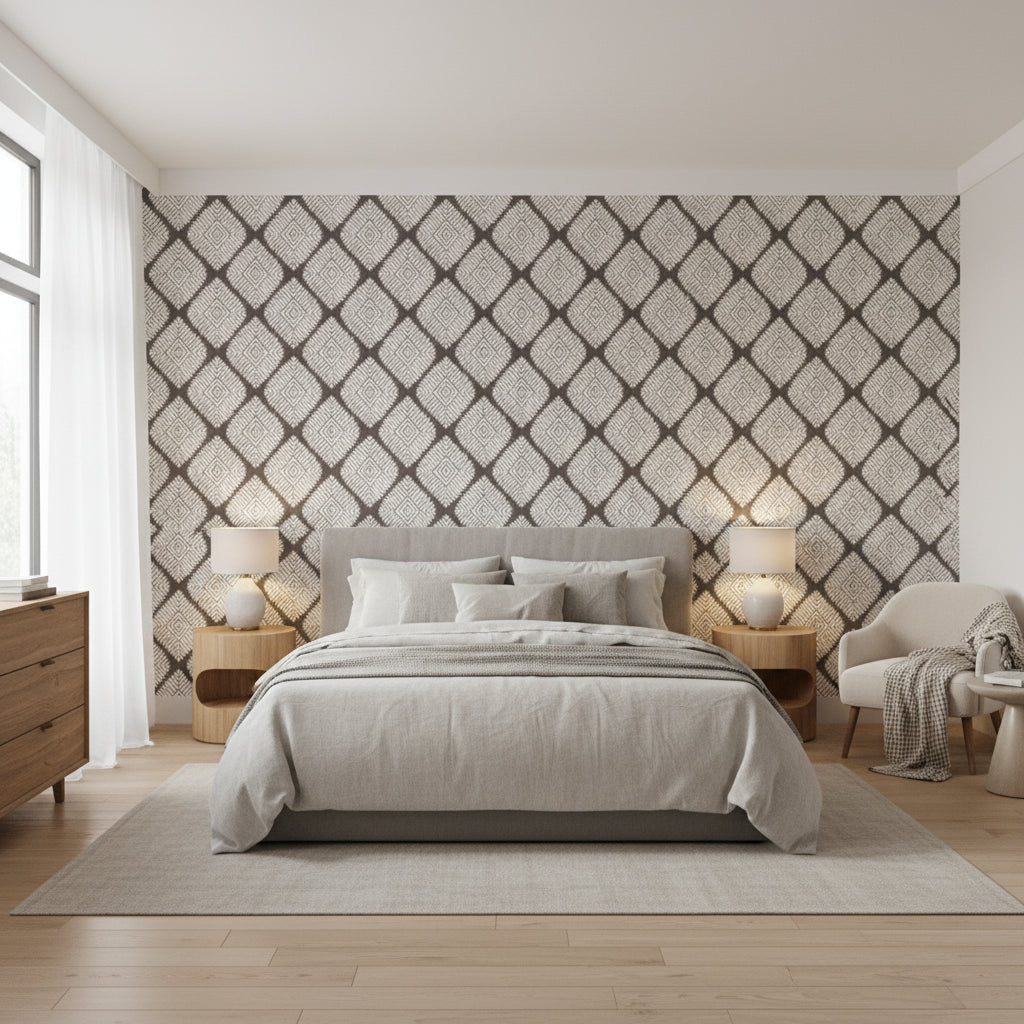 Austin Diamond Brown | Thibaut Wallcoverings - Bedroom Visualization (AI-generated, may not be to scale. Verify pattern scale with product specifications.)