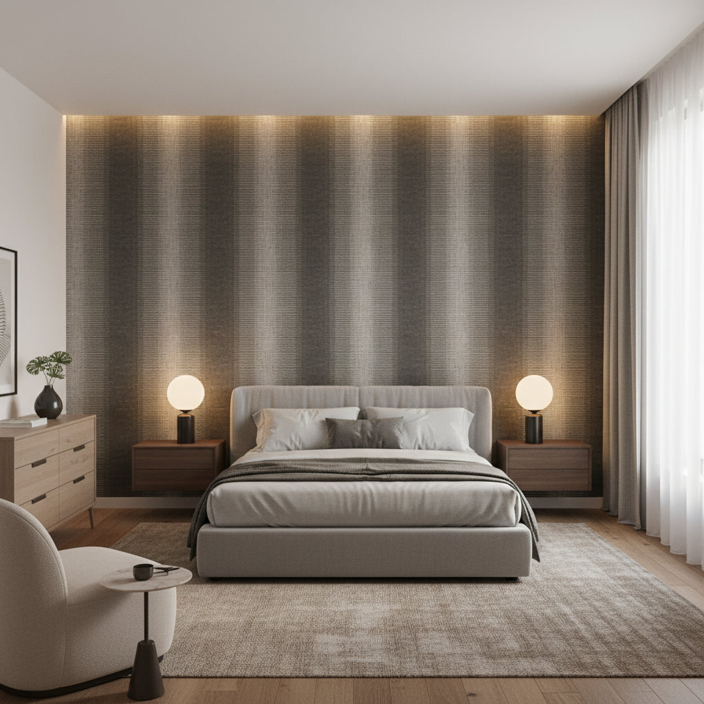 Bozeman Stripe Black | Thibaut Wallcoverings - Bedroom Visualization (AI-generated, may not be to scale. Verify pattern scale with product specifications.)