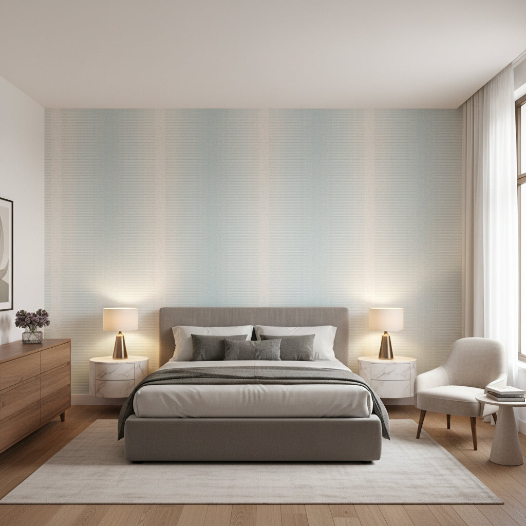 Bozeman Stripe Spa Blue | Thibaut Wallcoverings - Bedroom Visualization (AI-generated, may not be to scale. Verify pattern scale with product specifications.)