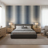 Bozeman Stripe Navy | Thibaut Wallcoverings - Bedroom Visualization (AI-generated, may not be to scale. Verify pattern scale with product specifications.)