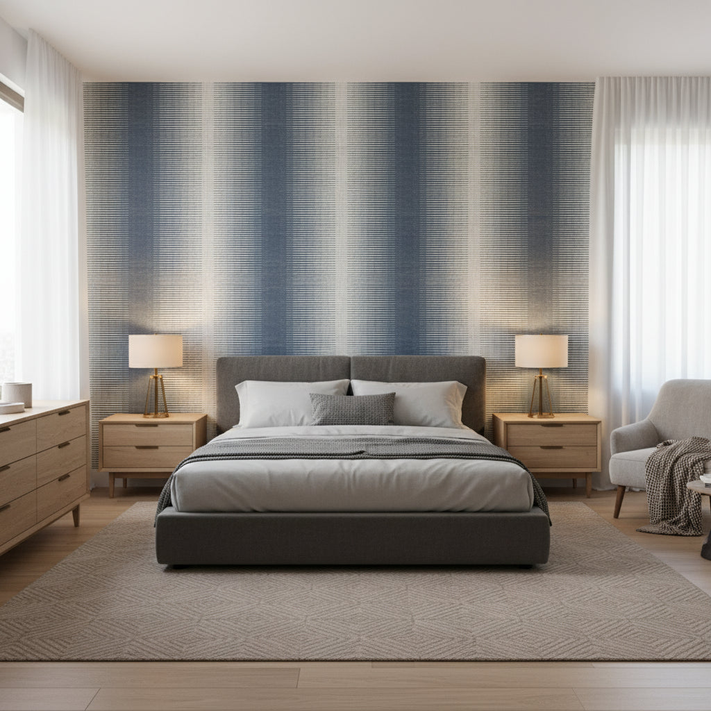 Bozeman Stripe Navy | Thibaut Wallcoverings - Bedroom Visualization (AI-generated, may not be to scale. Verify pattern scale with product specifications.)