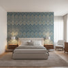 High Plains Bluestone | Thibaut Wallcoverings - Bedroom Visualization (AI-generated, may not be to scale. Verify pattern scale with product specifications.)