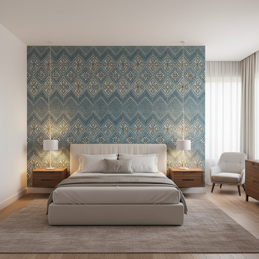 High Plains Bluestone | Thibaut Wallcoverings - Bedroom Visualization (AI-generated, may not be to scale. Verify pattern scale with product specifications.)