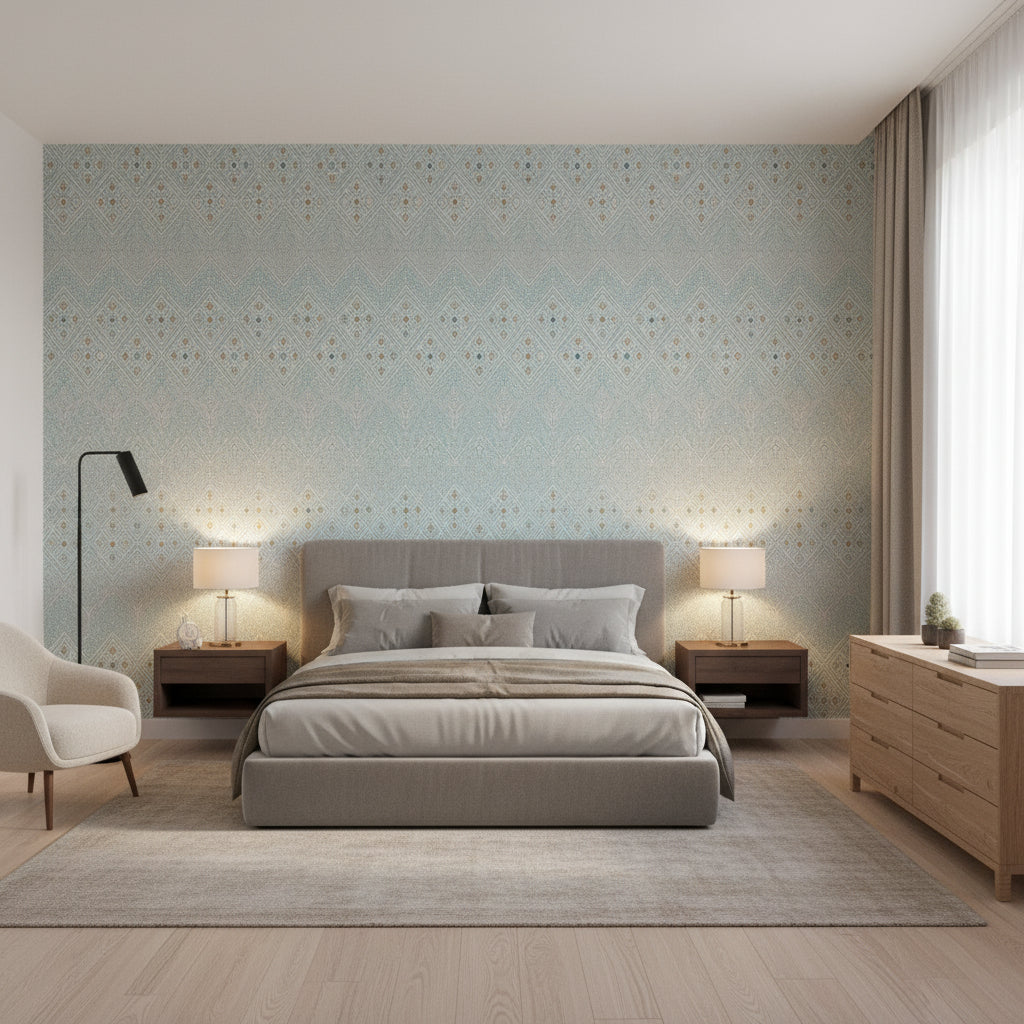 High Plains Spa Blue | Thibaut Wallcoverings - Bedroom Visualization (AI-generated, may not be to scale. Verify pattern scale with product specifications.)